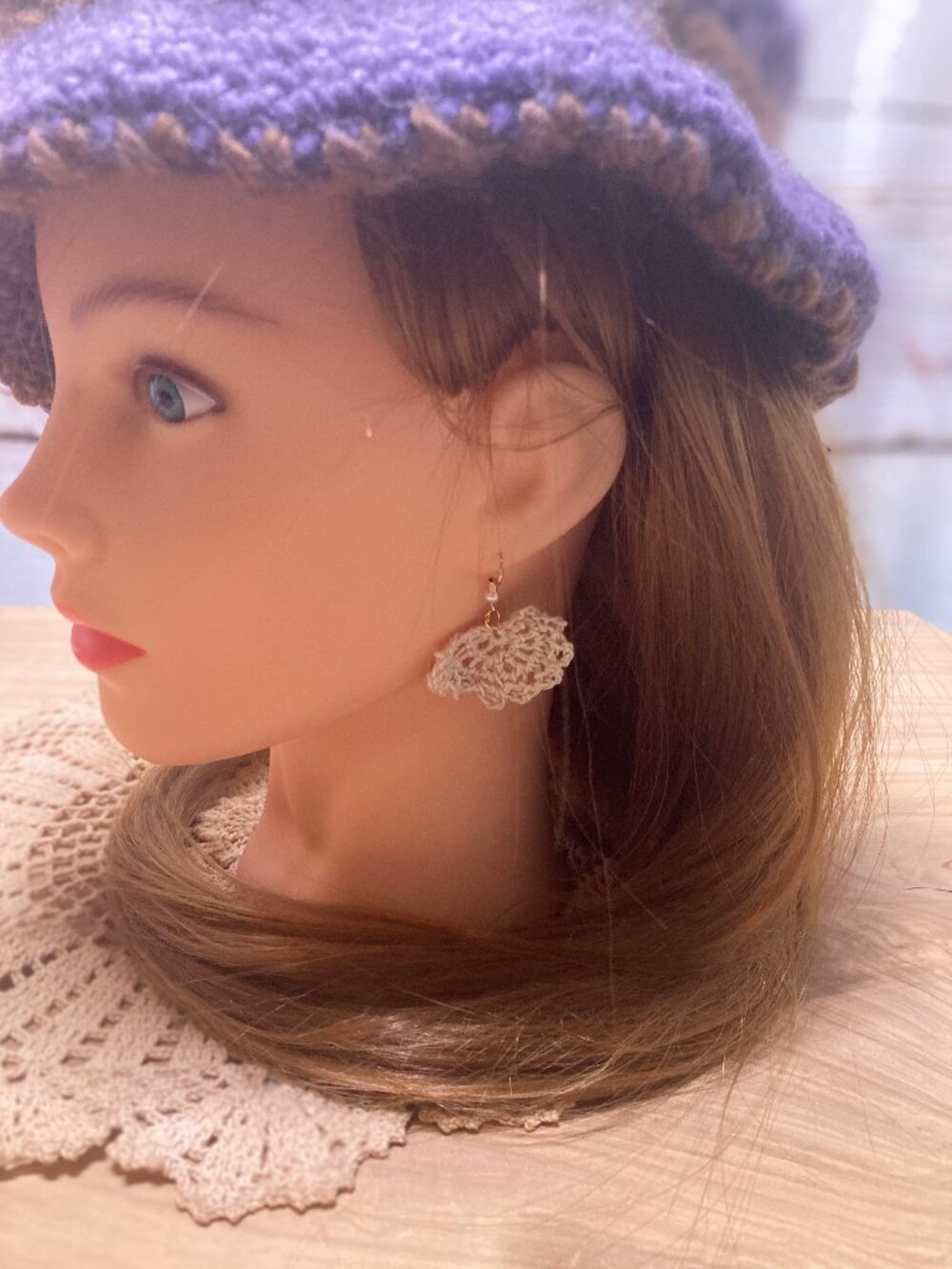 Handselected Boho Crochet Lined Hat & Handcrafted Lace Earring Boutique Set - Picture 3 of 8